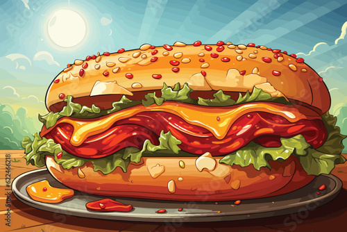 cartoon vector illustration of Energetic hot dog cartoon character holding a blank sign, winking at a fair.