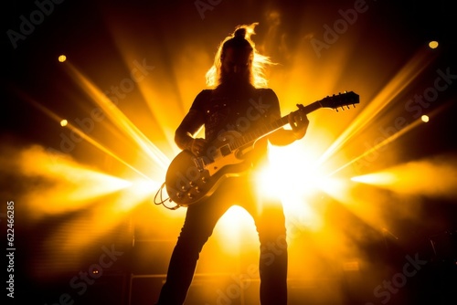 Guitarist at a concert in the light of spotlights. Silhouette with selective focus