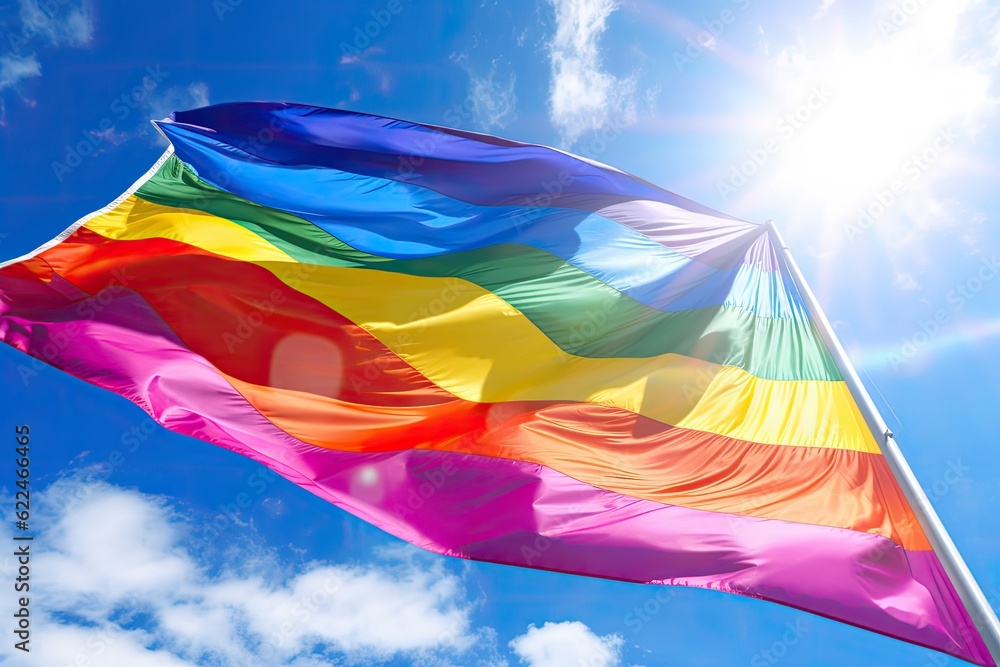 LGBT flag flying in the blue sky. Generative AI.