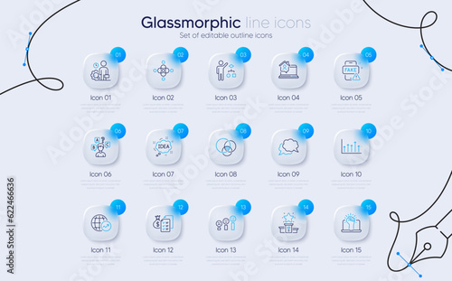 Set of Empower, Fake news and Idea line icons for web app. Growth chart, Chat message, Inclusion icons. Inspect, Winner podium, Customer satisfaction signs. Euler diagram, Quiz test, Work home. Vector