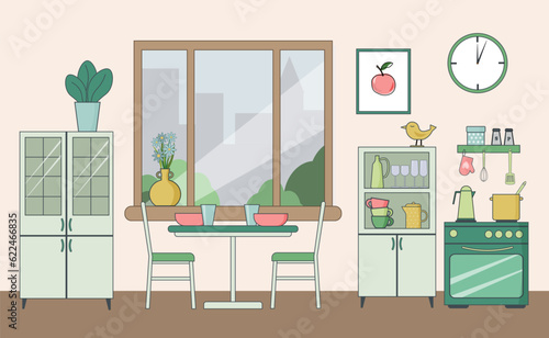 Kitchen dining area. Stylish and modern interior. Window, sideboard for dishes, table and chairs, shelves. Vector. For the design of flyers and brochures, furniture stores, social networks and