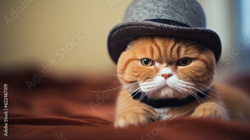 Fotografiet A ginger cat posing with a hat, captured with a portrait lens