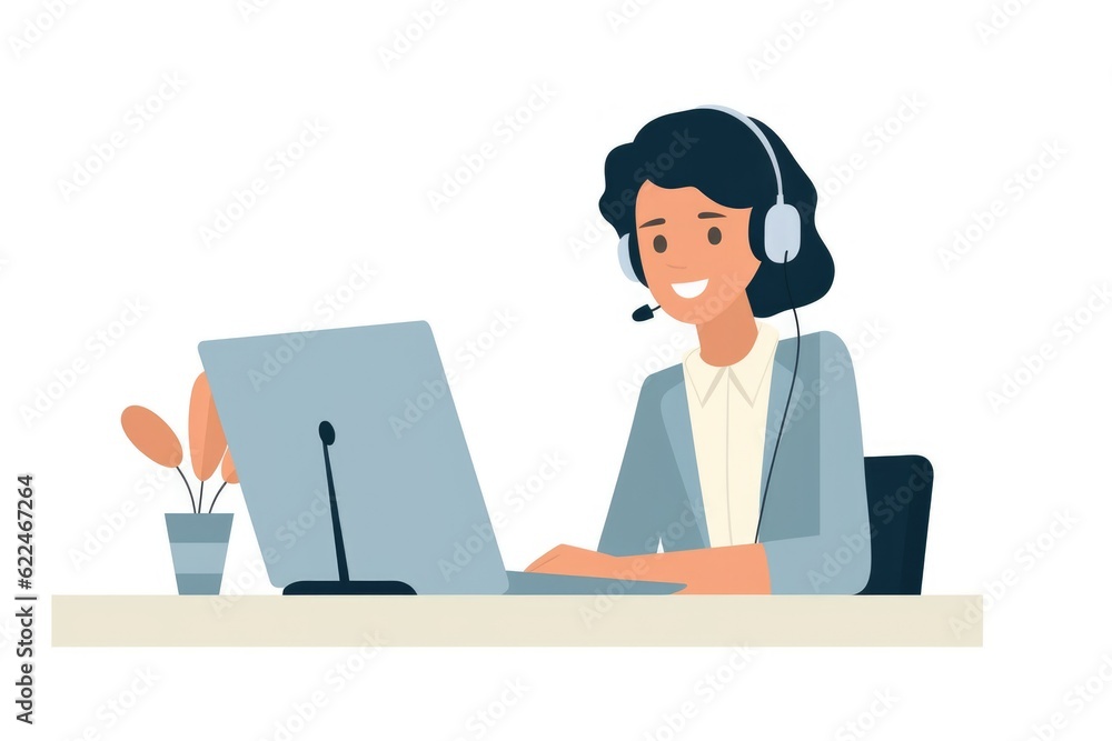 illustration, young customer service representative working in front of a computer, minimalist on a white background. generative ai