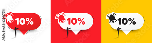 10 percent off sale tag. Speech bubbles with bell and woman silhouette. Discount offer price sign. Special offer symbol. Discount chat speech message. Woman with megaphone. Vector