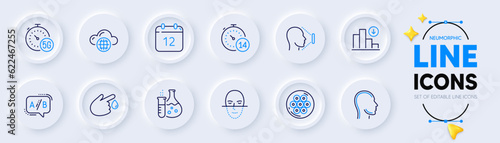 Ab testing, Annual calendar and Blood donation line icons for web app. Pack of 5g internet, Chemistry flask, Cable section pictogram icons. Cloud computing, Quarantine, Face recognition signs. Vector