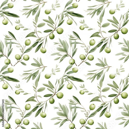 Pattern of olives and leaves on a white background. Watercolor botanical illustration. Nature. Green colors. Design for packaging  fabric  wallpapers  posters. Seamless floral pattern