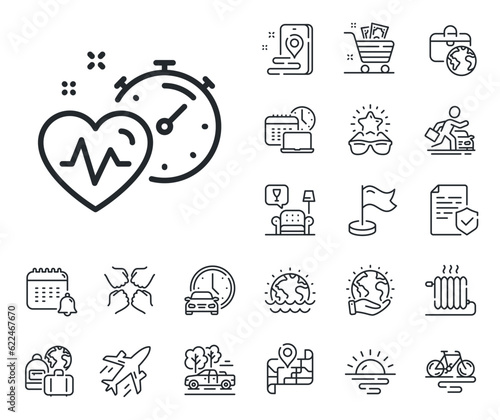 Fat burning time sign. Plane jet, travel map and baggage claim outline icons. Cardio training timer line icon. Gym fit heartbeat symbol. Cardio training line sign. Vector