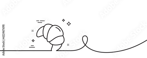 Croissant line icon. Continuous one line with curl. Bakery food sign. Pastry bun symbol. Croissant single outline ribbon. Loop curve pattern. Vector