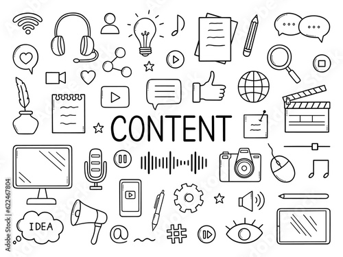 Content marketing doodle set. Digital marketing, content creator, blogging and social media in sketch style. Hand drawn vector illustration isolated on white background