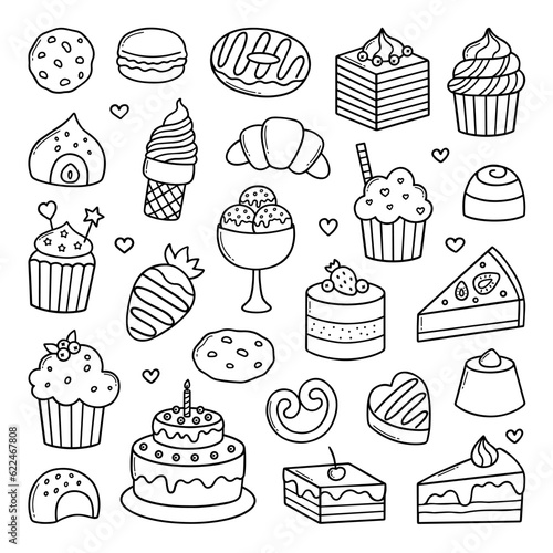 Desserts and sweets doodle set. Candies, chocolate, cakes, donut, ice cream in sketch style. Hand drawn vector illustration isolated on white background