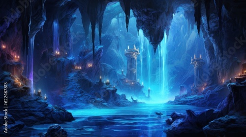 Cascading waterfalls within the beauty cave, shimmering with a mesmerizing, otherworldly glow game art