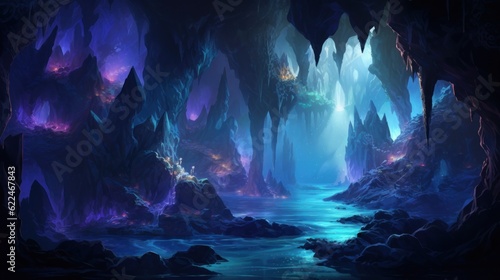 Cascading waterfalls within the beauty cave  shimmering with a mesmerizing  otherworldly glow game art