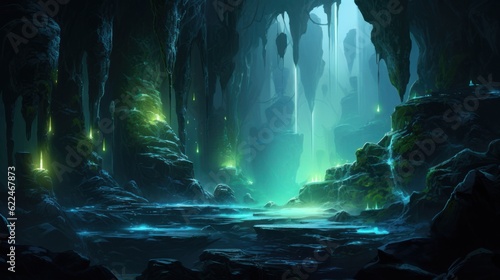 Cascading waterfalls within the beauty cave, shimmering with a mesmerizing, otherworldly glow game art © Damian Sobczyk