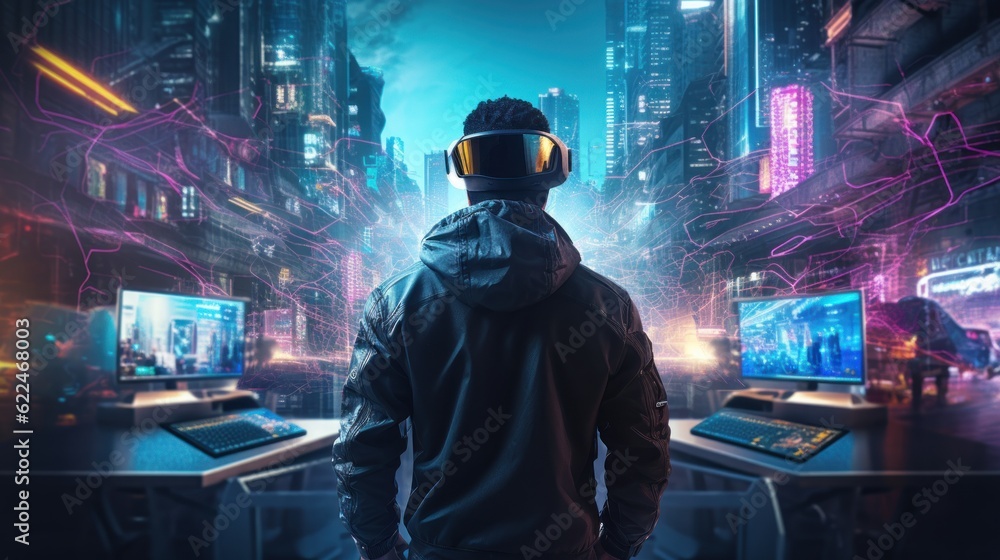 Depict a skilled cyberpunk hacker in a futuristic setting, surrounded by holographic interfaces, intricate code, and virtual reality elements Depict a skilled cyberpunk hacker in a futuristic setting, surrounded by holographic interfaces, intricate code, and virtual reality elements