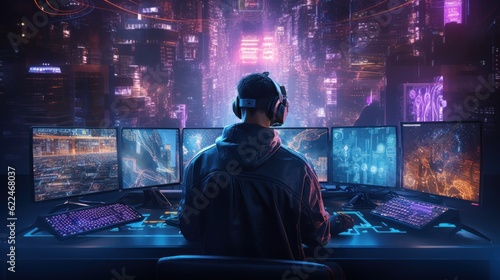 Wallpaper Mural Depict a skilled cyberpunk hacker in a futuristic setting, surrounded by holographic interfaces, intricate code, and virtual reality elements Torontodigital.ca