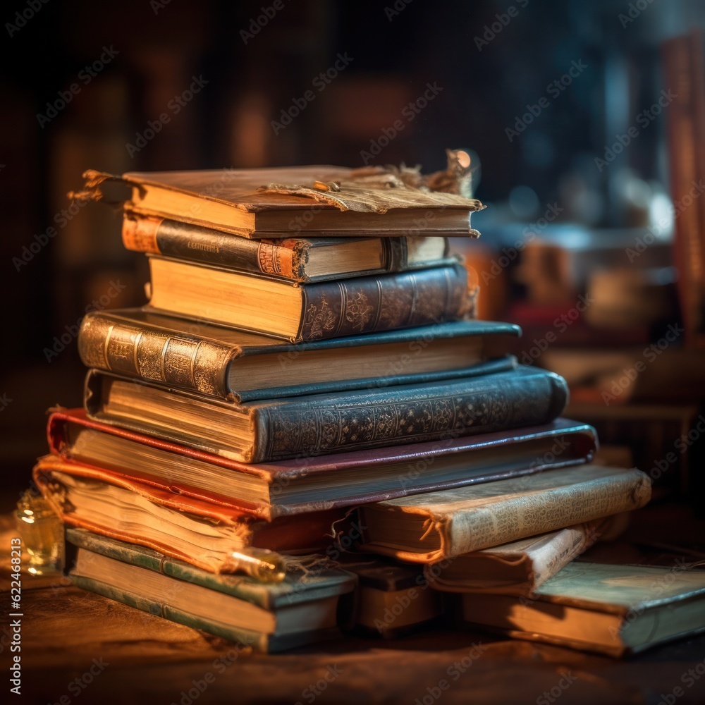 Lots of old leather-bound books in stacks on a wooden table in a library or office. Place for text. Design element, paper and leather texture. education and training concept.Generative AI Lots of old leather-bound books in stacks on a wooden table in a library or office. Place for text. Design element, paper and leather texture. education and training concept.Generative AI