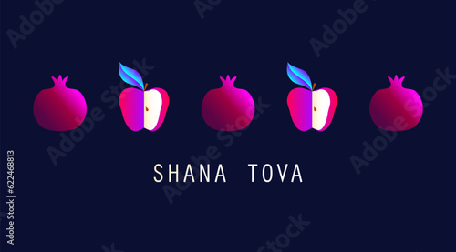 Greeting card wiyh symbols of Rosh Hashanah (pomegranate and apple). Jewish new year celebration design. Happy Shana Tova. Happy New Year in Israel