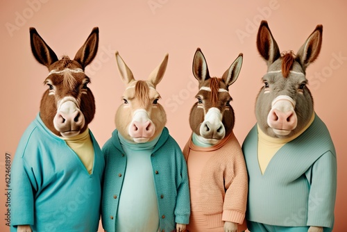 Group studio portrait of fat donkeys in clothes, concept of Animal fashion, crea Fototapet