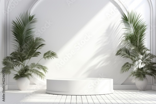 Abstract white studio background for product presentation. Empty room with shadows from windows and flowers and palm leaves. 3D room with copy space. Ai generative