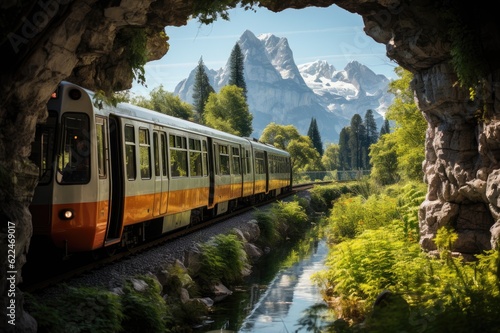 Through the Portal of Wonder: Peer into the Realm of Wonders as a Train Breaks Free from the Shadowy Confinements of a Tunnel, Unveiling an Exquisite Landscape Painted by Nature's Brush Generative AI