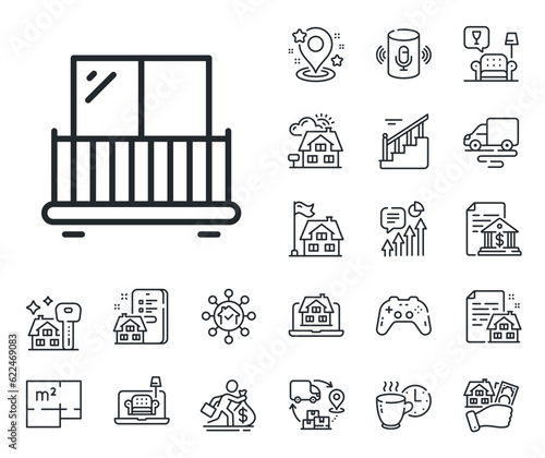 Building balconet sign. Floor plan, stairs and lounge room outline icons. Balcony line icon. Apartment terrace symbol. Balcony line sign. House mortgage, sell building icon. Real estate. Vector