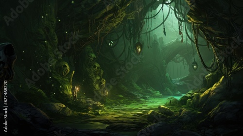 Twisted  shimmering vines that intertwine with the cave s rock formations  giving off a soft  enchanting glow game art