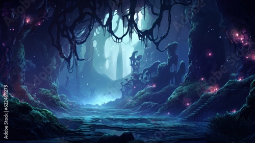 Twisted, shimmering vines that intertwine with the cave's rock formations, giving off a soft, enchanting glow game art