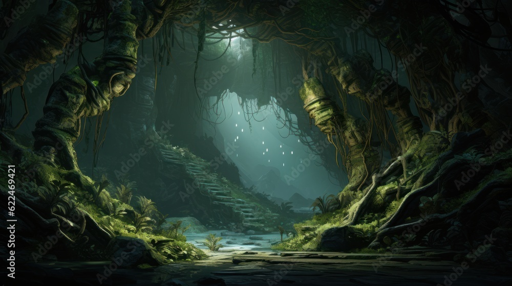 Twisted, shimmering vines that intertwine with the cave's rock formations, giving off a soft, enchanting glow game art Twisted, shimmering vines that intertwine with the cave's rock formations, giving off a soft, enchanting glow game art