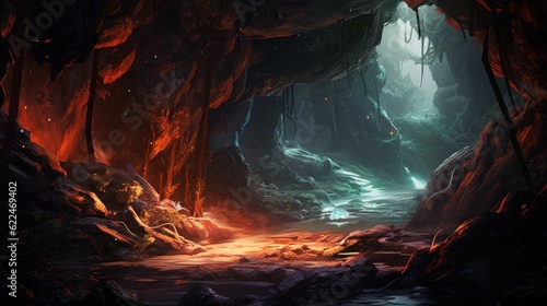 Twisted  shimmering vines that intertwine with the cave s rock formations  giving off a soft  enchanting glow game art