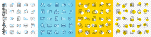 Vector icons set of Payment methods, Donation and Deflation line icons pack for web with Contactless payment, Target, Statistics outline icon. Tax calculator, Donate, Money pictogram. Vector