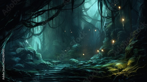 Twisted, shimmering vines that intertwine with the cave's rock formations, giving off a soft, enchanting glow game art
