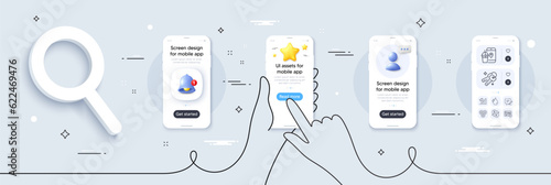 Write, Keys and Hydroelectricity line icons pack. Phone screen mockup with 3d star, alert and chat message. Food app, Growth chart, Currency exchange web icon. Stars, Web timer pictogram. Vector