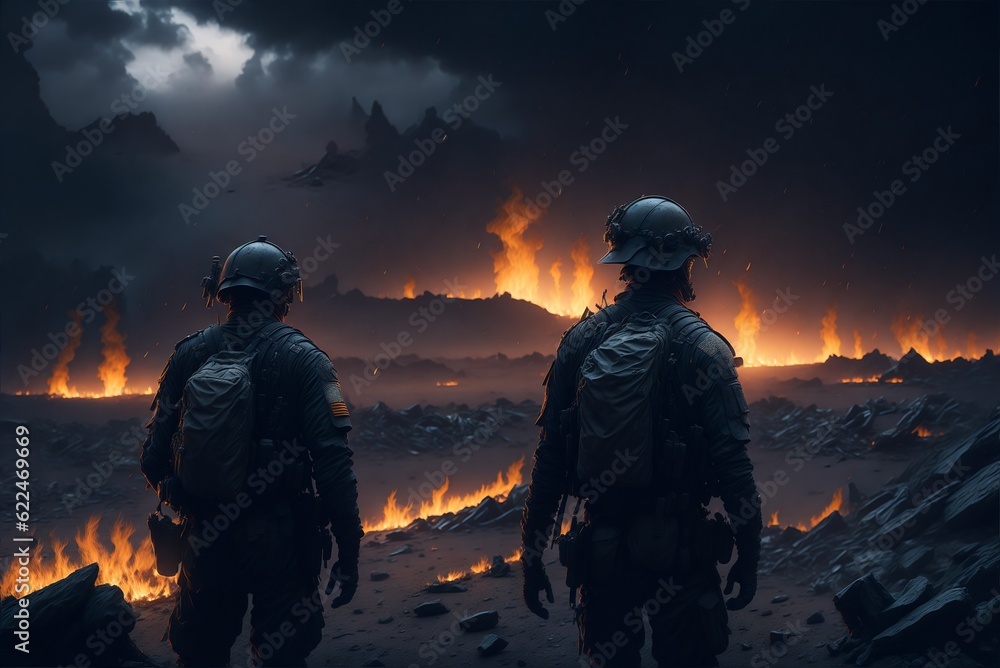 Soldiers in Fiery Battlefield Created With Generative Ai Soldiers in Fiery Battlefield Created With Generative Ai