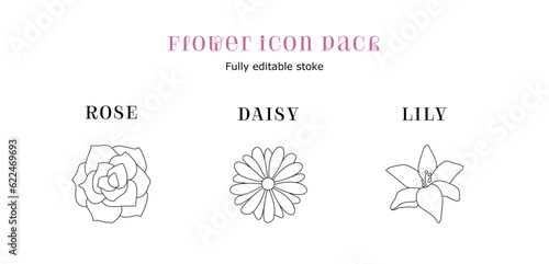 Flower Icon Pack - Includes Rose, Daisy & Lily + file with editable stroke