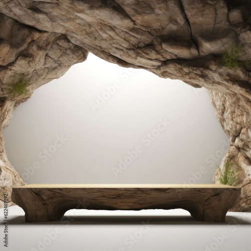 a wooden podium in the middle of a cave