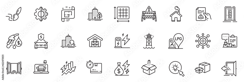 Icons pack as Petrol station, Send box and Home line icons for app include Lighthouse, Skyscraper buildings, Consumption growth outline thin icon web set. Inspect, Square area. Vector Icons pack as Petrol station, Send box and Home line icons for app include Lighthouse, Skyscraper buildings, Consumption growth outline thin icon web set. Inspect, Square area. Vector