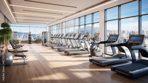 Fully equipped gym with floor to ceiling windows, offering panoramic views while working out. Incorporate modern exercise equipment, a yoga studio, and a refreshing juice bar © Damian Sobczyk