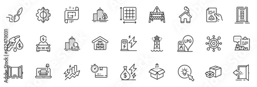 Icons pack as Petrol station, Send box and Home line icons for app include Lighthouse, Skyscraper buildings, Consumption growth outline thin icon web set. Inspect, Square area. Vector