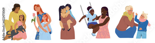 Mother and daughter set. Various smiling characters laughing and swinging, hugging and playing. Happy moms and kids spend time together. Cartoon flat vector collection isolated on white background