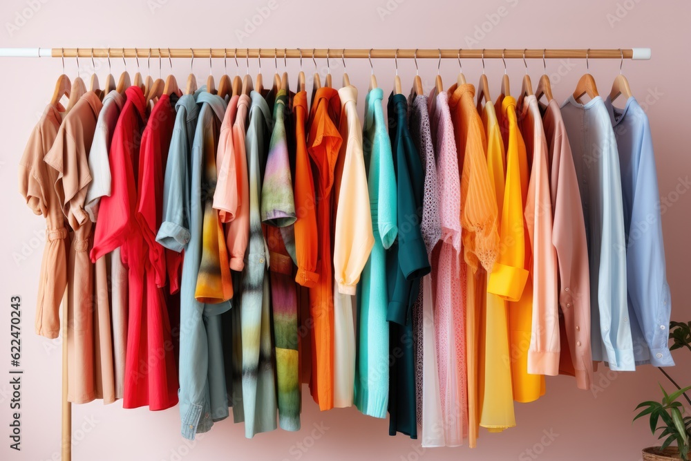 Fashionable colorful clothes on a hanger. ai generative Fashionable colorful clothes on a hanger. ai generative