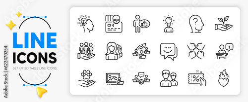Heart flame, Teamwork chart and Photo studio line icons set for app include Women headhunting, Education, Discount coupon outline thin icon. Helping hand, Couple, Idea pictogram icon. Vector