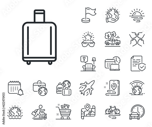 Airplane luggage sign. Plane jet, travel map and baggage claim outline icons. Airport baggage reclaim line icon. Flight checked bag symbol. Baggage reclaim line sign. Vector