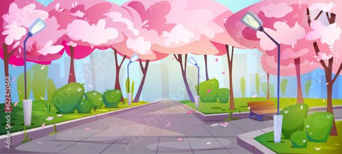 Landscape with sakura. Blooming pink cherry tree flowers in Japanese park. Empty alley for relaxing walk with green grass and falling petals. Romantic spring scenery. Cartoon flat vector illustration