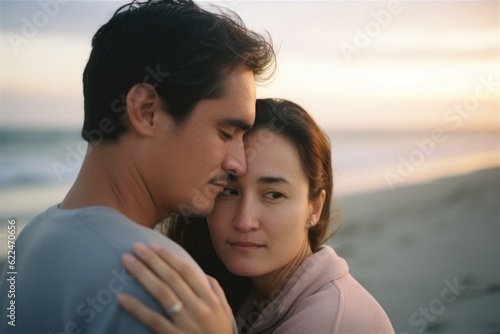Lovely Married Couple Embracing on the Sandy Beach with Ocean Sunset
