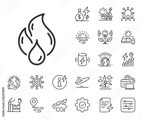 Fire energy sign. Energy, Co2 exhaust and solar panel outline icons. Flammable fuel line icon. Heating power energy symbol. Flammable fuel line sign. Eco electric or wind power icon. Vector
