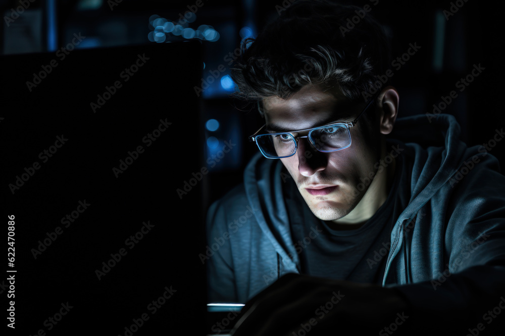 Hacker by Computer Monitor in Darkly Lit Room Hacker by Computer Monitor in Darkly Lit Room