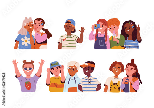 Happy children portraits set. Young little smiling characters with friends and classmate have fun. Kids siblings, boys and girls concept. Cartoon flat vector collection isolated on white background
