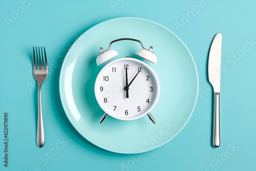 White Alarm Clock on the Plate With Fork and Knife on Blue Background, Diet Concept: AI Generated Image