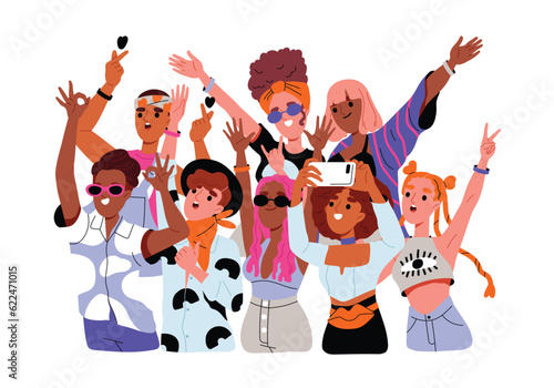 Group of music fans. Joyful screaming and singing people enjoy concert. Crowd of spectators with raised hands at summer festival or event. Cartoon flat vector illustration isolated on white background