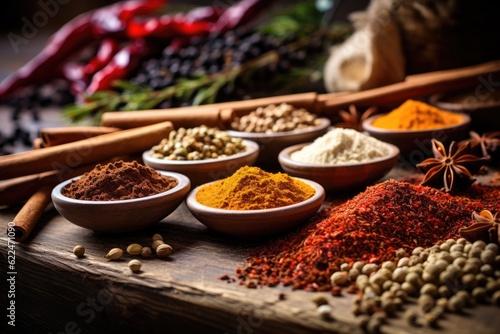 Variety of spices and herbs on a wooden table. ai generative
